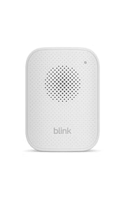 Blink chime front view plugged into outlet showing compact design and audible alert benefit