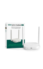 Blink Sync Module XR+ front view showing hub and LED status, highlights easy setup
