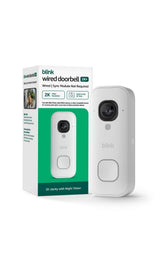 Blink Wired Doorbell 2K+ front view showing clear lens and call button benefit: crisp video