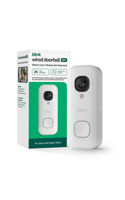Blink Wired Doorbell 2K+ front view showing clear lens and call button benefit: crisp video