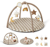 Blissful Diary front view brown checkerboard mat showing full play gym and toys benefit comfort