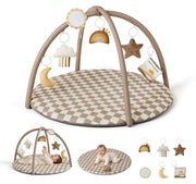 Blissful Diary front view brown checkerboard mat showing full play gym and toys benefit comfort