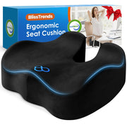 BlissTrends front view of black memory foam seat cushion showing contour and tailbone cutout for improved posture