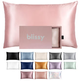 Blissy pillowcase front view shows pink silk and elegant finish for luxury sleep