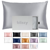 Blissy silver pillowcase front view shows smooth silk and elegant finish benefiting bedroom style