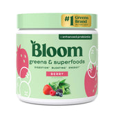Bloom Nutrition tub front view showing berry label and servings benefit