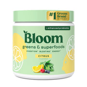 Bloom Nutrition front packaging showing citrus label and servings benefit