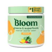 Bloom Nutrition front packaging showing mango greens powder and brand benefits