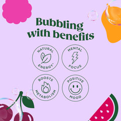 Bloom Nutrition lata vertida en vaso espumoso, ilustra refresco sin azúcar