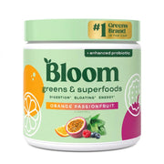 Bloom Nutrition front tub showing Orange Passionfruit label and serving size benefit
