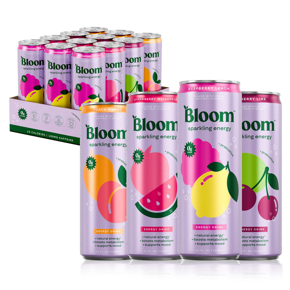 Bloom Nutrition pack frontal mostrando latas y variedad, resalta conveniencia