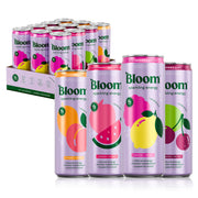Bloom Nutrition pack frontal mostrando latas y variedad, resalta conveniencia
