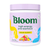 Bloom Nutrition tub front view showing Sour Gummy flavor and servings, appealing packaging