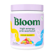 Bloom Nutrition tub front view showing Sour Gummy flavor and servings, appealing packaging