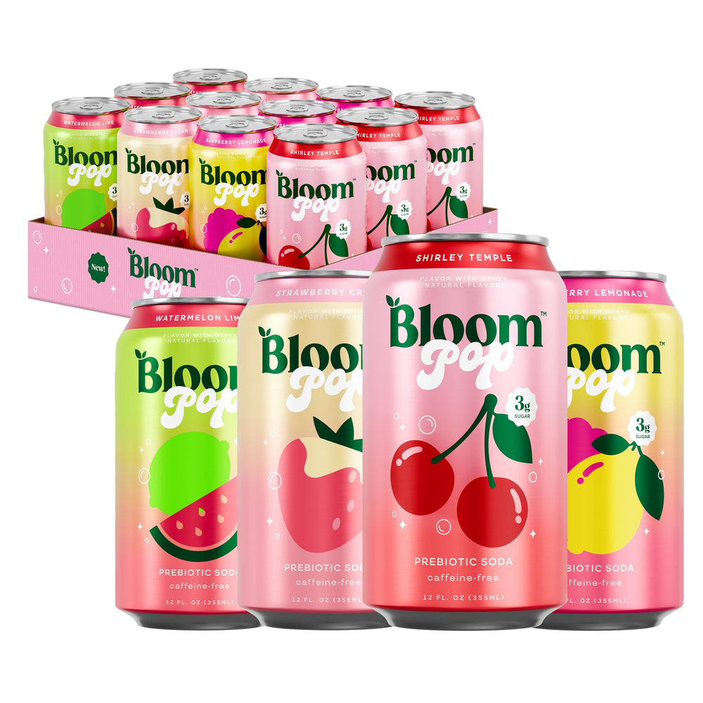 Bloom Nutrition pack frontal mostrando las 12 latas y variedad de sabores