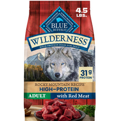 Blue Buffalo paquete frontal mostrando receta Rocky Mountain y beneficios proteicos