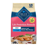 Blue Buffalo front bag of salmon and brown rice displaying product benefits