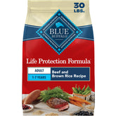 Blue Buffalo front packaging 30 lb showing real beef and benefits