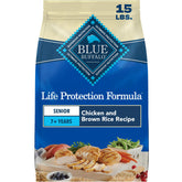 Blue Buffalo senior front bag showing 15 lb package and product name, clear benefits
