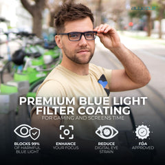 BLUE CUT primer plano de lente mostrando filtro de luz azul y claridad
