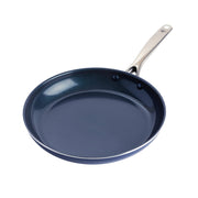 Blue Diamond front view of 12-inch skillet showing sleek blue finish and cooking surface benefit