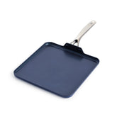 Blue Diamond front view of square griddle showing roomy cooking surface and blue finish