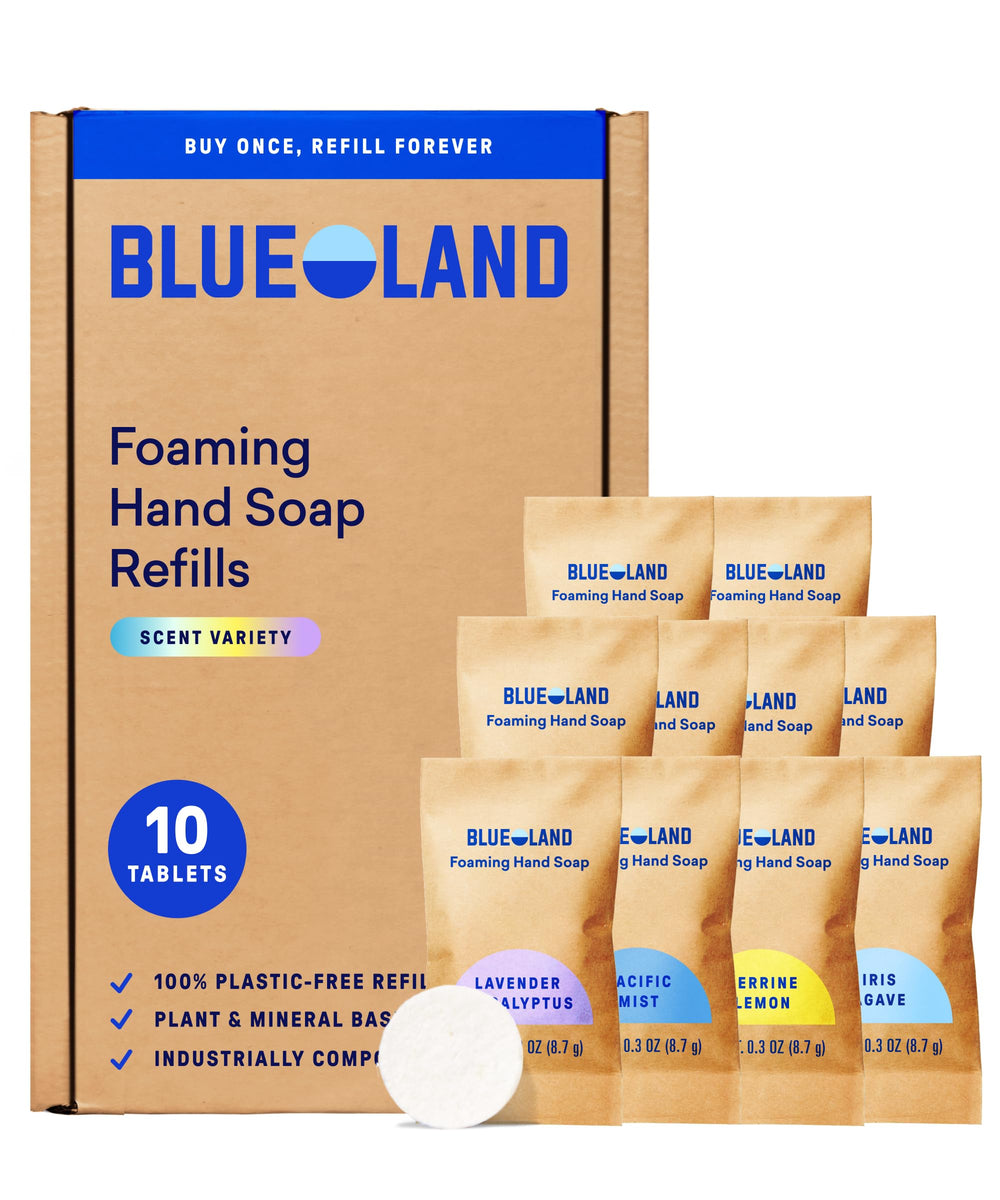 BLUELAND caja frontal de 10 tabletas mostrando variedad de aromas y sostenibilidad