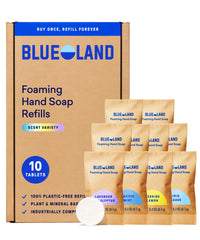 BLUELAND caja frontal de 10 tabletas mostrando variedad de aromas y sostenibilidad