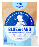 BLUELAND pastillas frontal mostrando la caja y el contenido sostenible