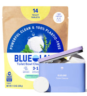 BLUELAND front packaging showing plastic-free box and tablets for sustainable storage benefit
