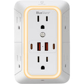 BlueStars regleta frontal mostrando 6 enchufes y 4 puertos USB para carga ordenada