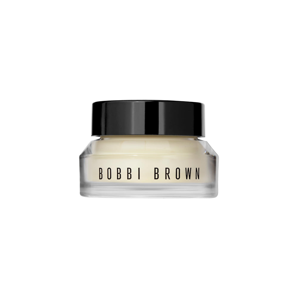 Bobbi Brown frasco frontal Vitamin Enriched mostrando etiqueta y tamaño de viaje