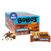 Bobo's front box showing 12-pack and chocolate chip flavor for reliable snack supply