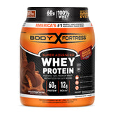 Body Fortress front tub showing chocolate peanut butter flavor and packaging benefits