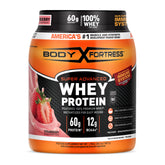 Body Fortress tub front view showing strawberry label and 30g protein benefit