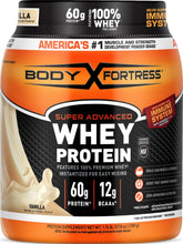 Body Fortress front tub showing product branding and vanilla flavor, clear identification