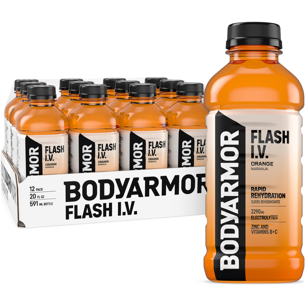 BODYARMOR Flash I.V. naranja frente, bote visible para hidratación rápida