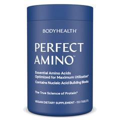 BodyHealth envase frontal de PerfectAmino mostrando el tamaño y conteo del producto