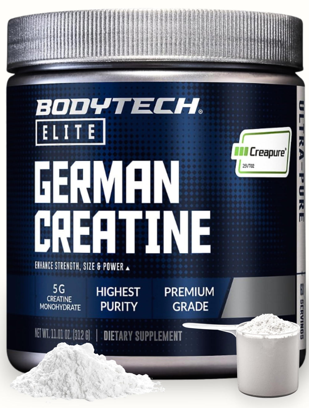 BodyTech envase frontal de Creatine Creapure mostrando etiqueta clara y beneficios