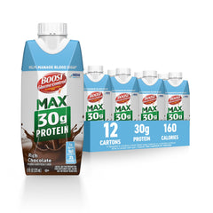 BOOST front packaging showing rich chocolate bottle and nutrition highlights