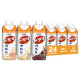 BOOST front packaging showing 24-pack and flavors for convenient calorie boost