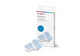 Bosch empaque frontal de pastillas desincrustantes mostrando compatibilidad VeroCafe y seguridad