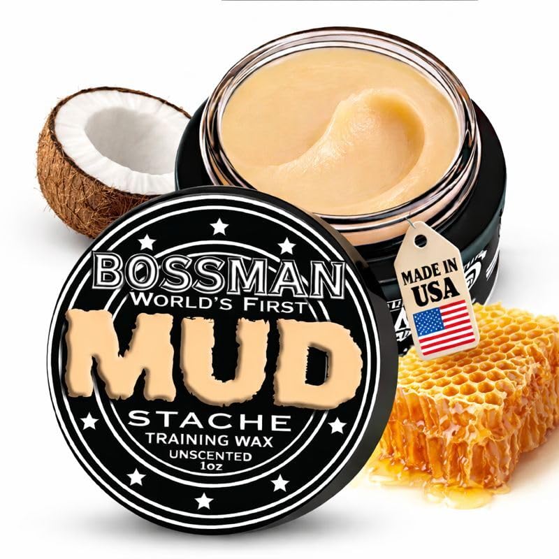 Bossman envase frontal MUD Mustache Wax mostrando fijación fuerte