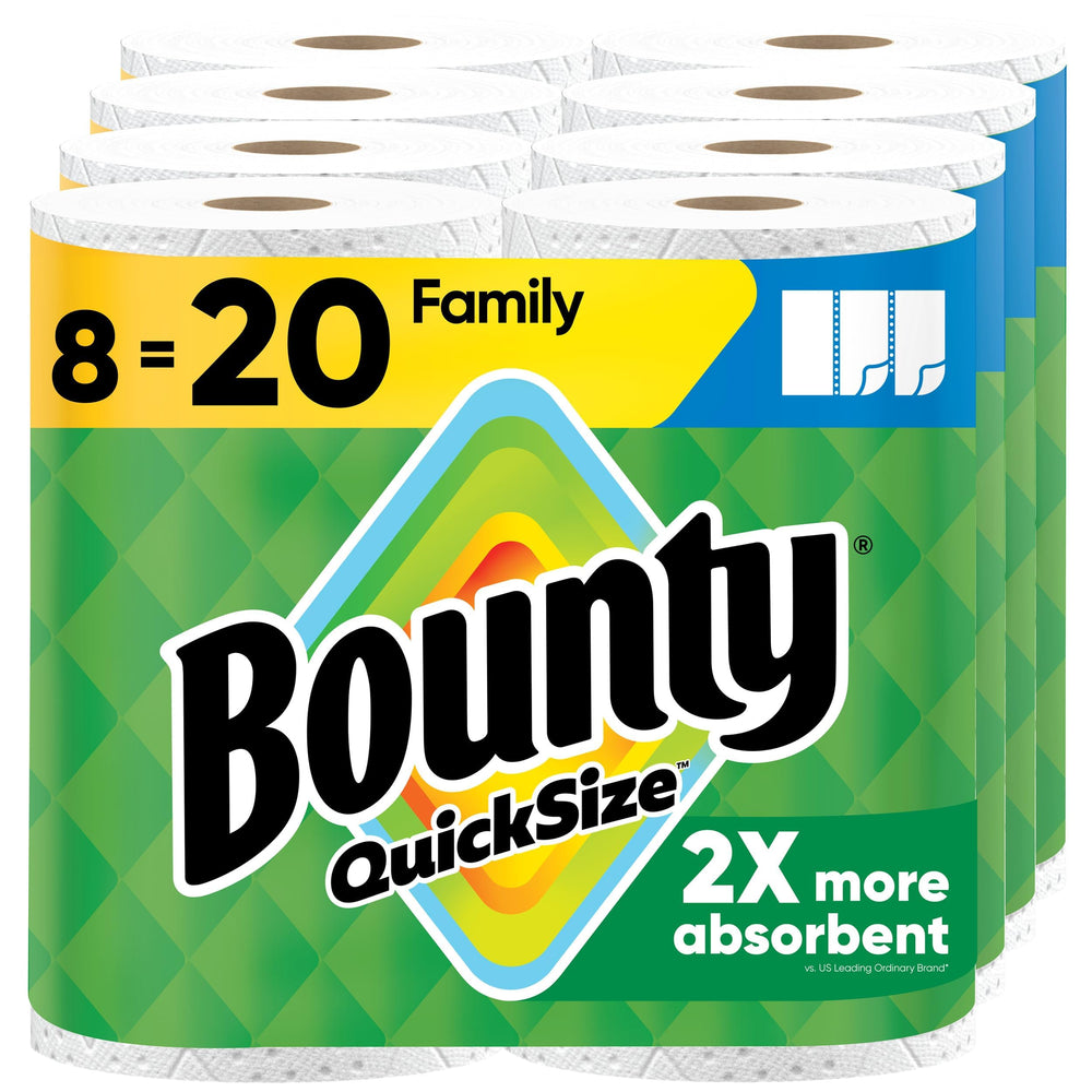Bounty front packaging showing 8 family rolls and storage benefit