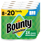 Bounty front packaging showing 8 family rolls and storage benefit