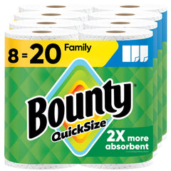 Bounty front packaging showing 8 family rolls and storage benefit