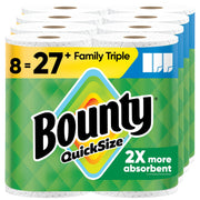 Bounty front packaging showing 8 family triple rolls and value