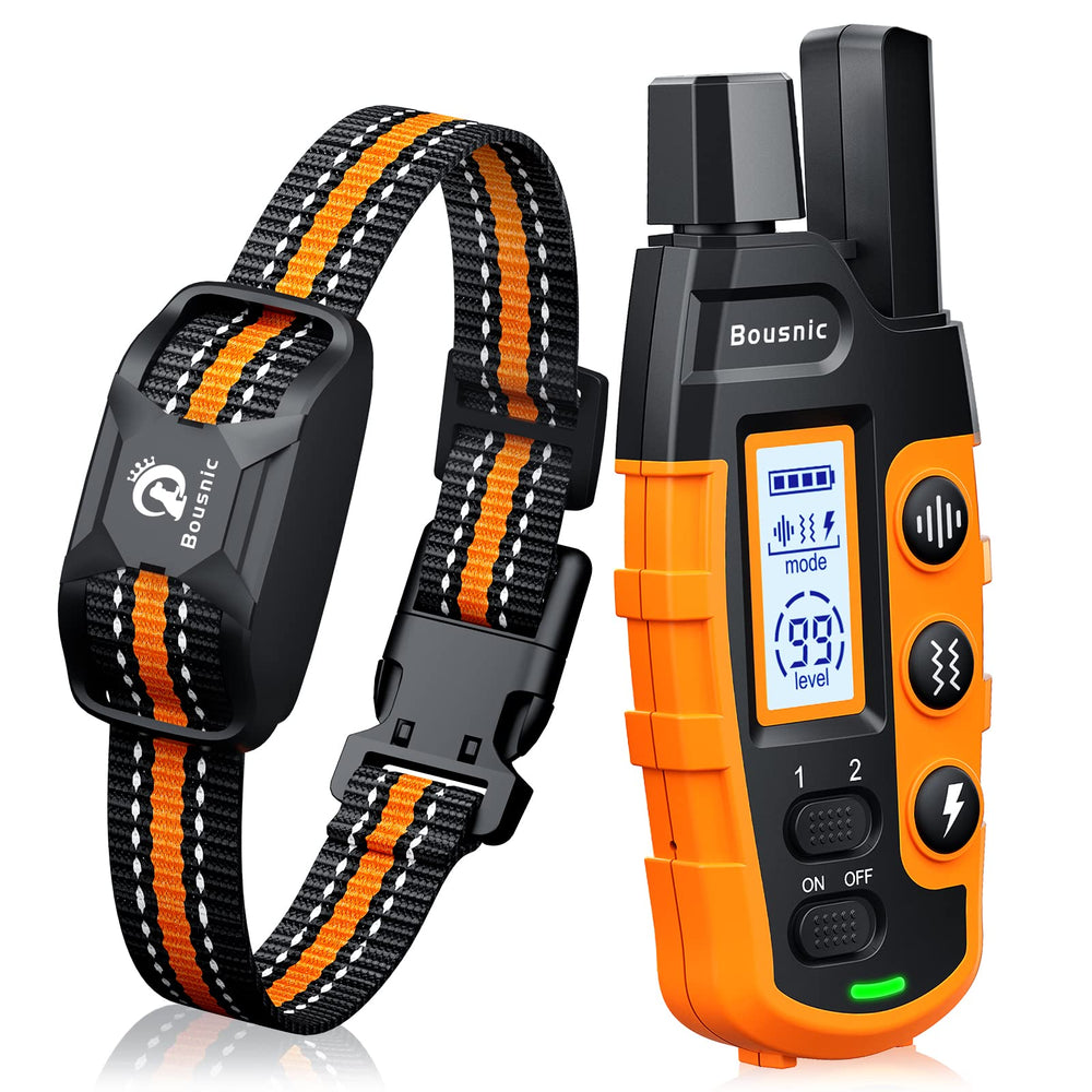 BOUSNIC paquete frontal visible mostrando el collar naranja y el mando, práctico