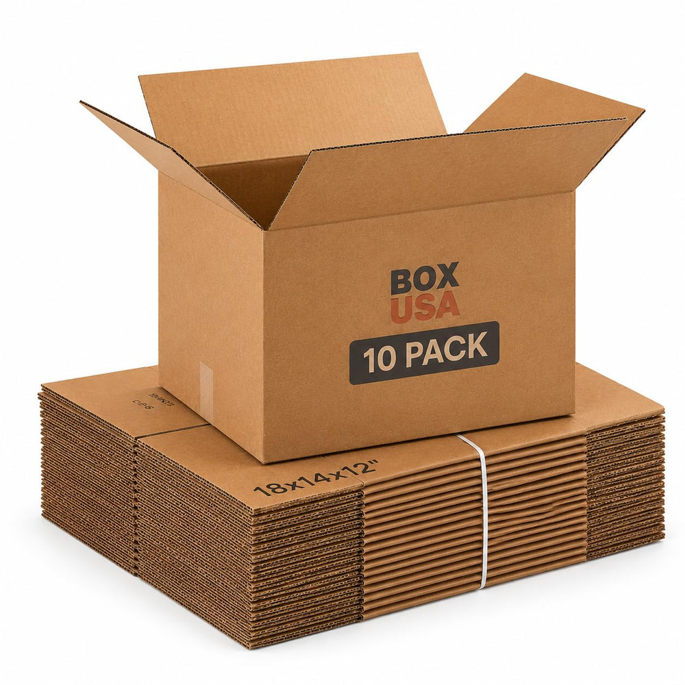 BOX USA vista frontal de caja mediana 18x14x12 mostrando tamaño y resistencia
