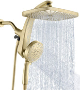 BOZYBO front view of 12-inch rain shower packaging showing included parts and benefits